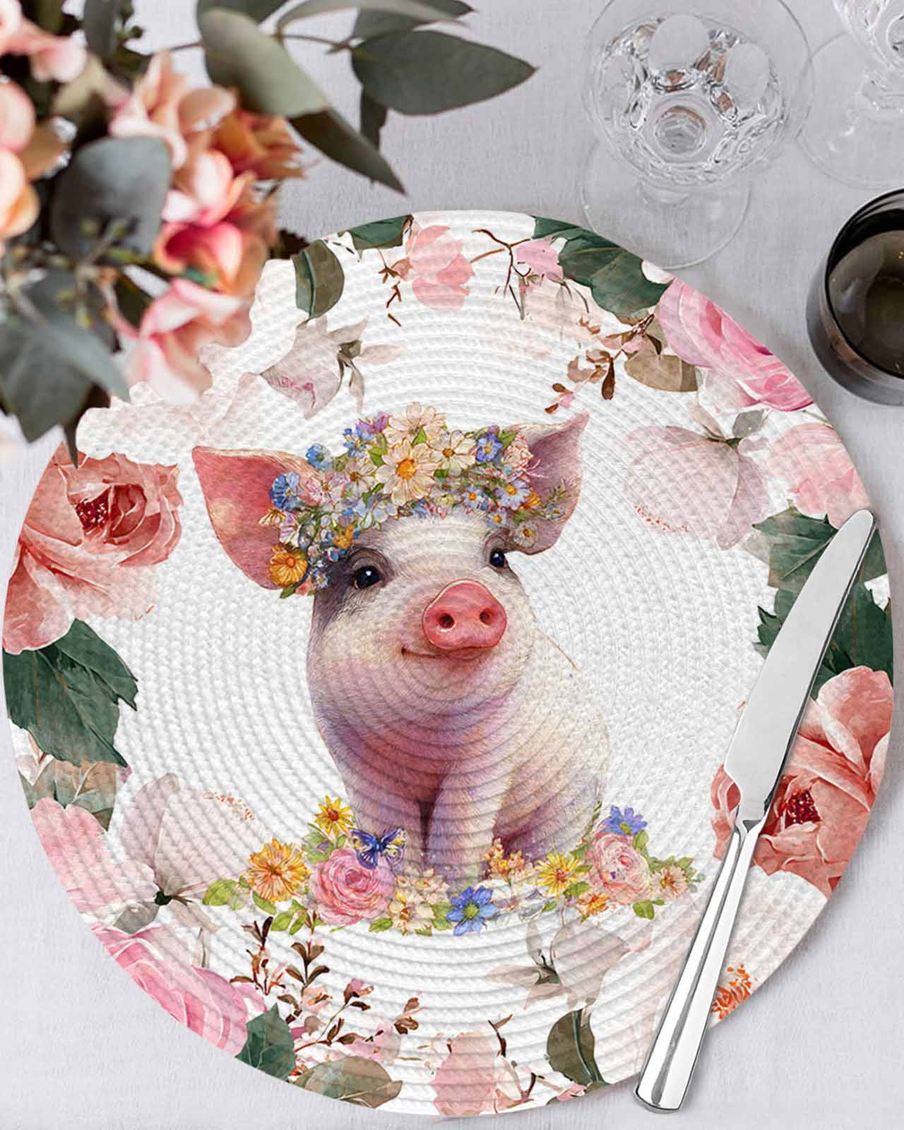 Pig Mat Table 13 Inch Round Placemats Set of 4, Spring Floral Pig Non Slip Heat ...