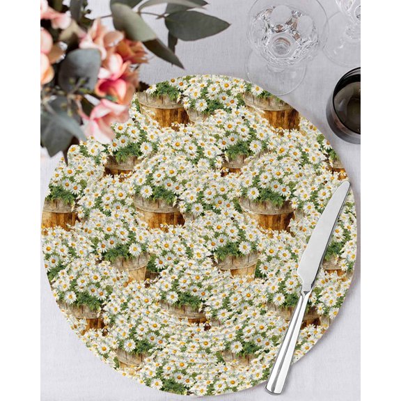 13 Inch Round Placemats Set of 4, Spring Flowers Non Slip Heat Insulation PP Table Mats, Botanical Blossom White Daisy Floral Washable Place Mats for Kitchen Dining Party Table Decor