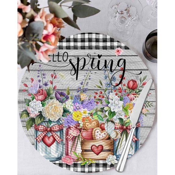 13 Inch Round Placemats Set of 4, Spring Flowers Non Slip Heat Insulation PP Table Mats, Farmhouse Black Plaid Wood Grain Washable Place Mats for Kitchen Dining Party Table Decor
