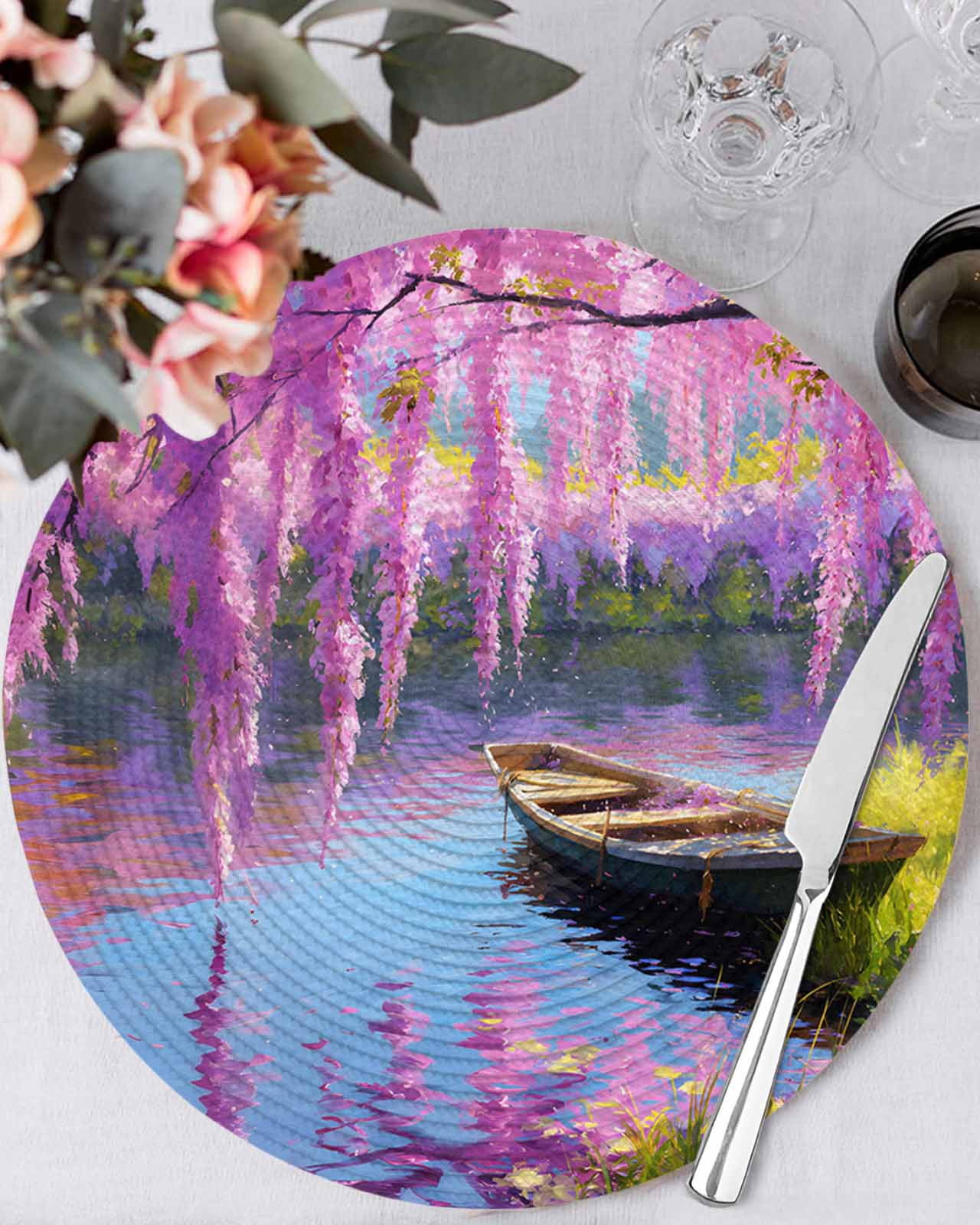 13 Inch Round Placemats Set of 4, Spring Flowers Non Slip Heat ...