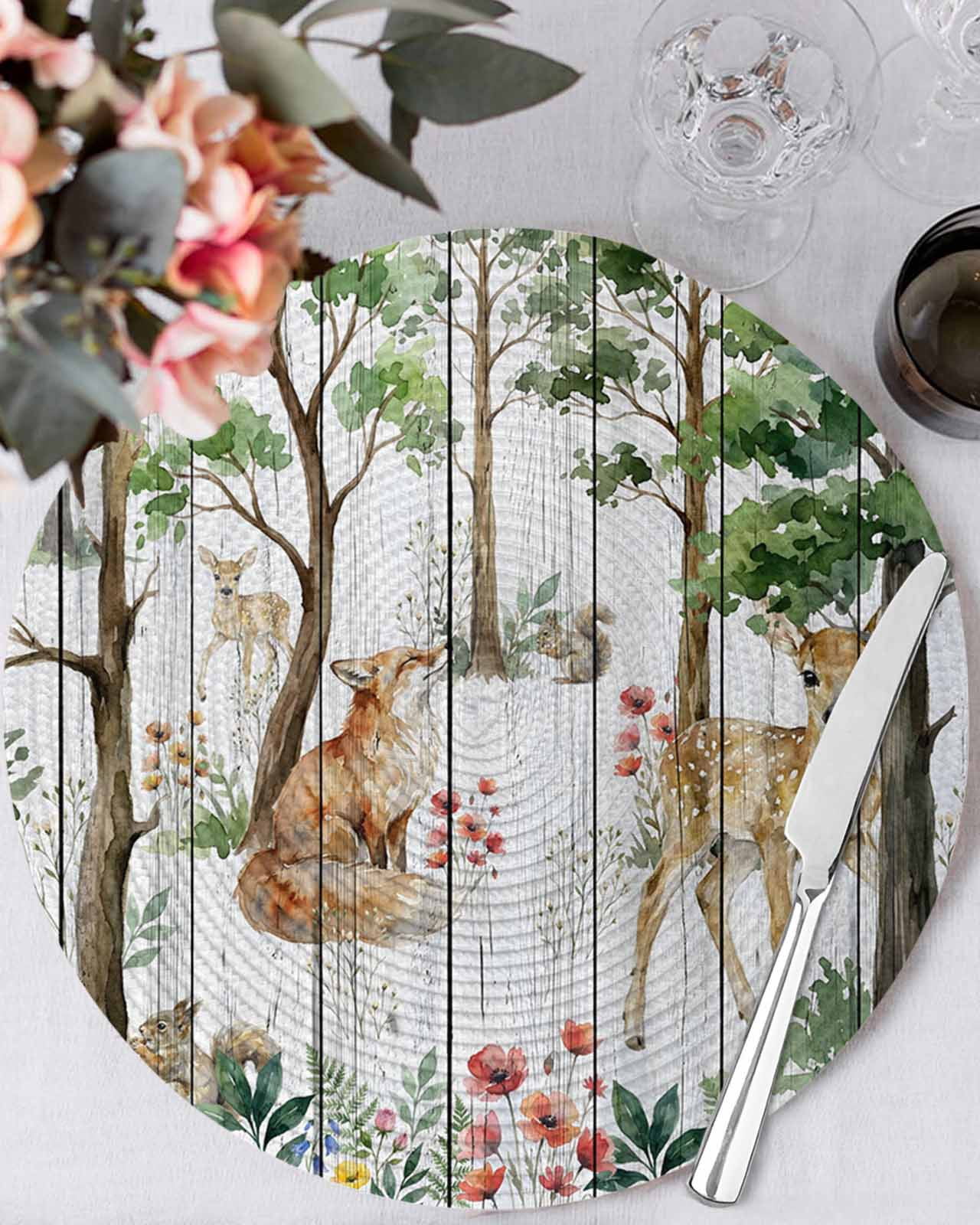 13 Inch Round Placemats Set of 4, Spring Forest Animals Non Slip Heat ...