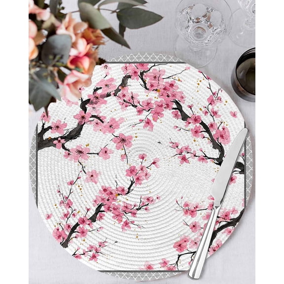 13 Inch Round Placemats Set of 4, Spring Pink Flowers Non Slip Heat Insulation PP Table Mats, Botanical Peach Blossoms Floral Washable Place Mats for Kitchen Dining Party Table Decor