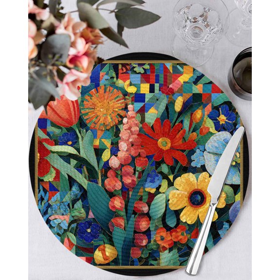 13 Inch Round Placemats Set of 4, Spring Wildflowers Non Slip Heat Insulation PP Table Mats, Modern Abstract Art Daisy Floral Leaves Washable Place Mats for Kitchen Dining Party Table Decor