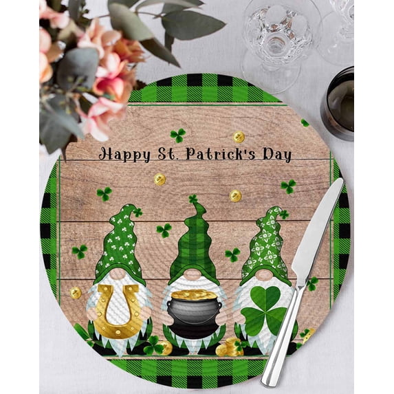 13 Inch Round Placemats Set of 4, St. Patrick's Day Non Slip Heat Insulation PP Table Mats, Green Gnomes Shamrocks Gold Coin Plaid Washable Place Mats for Kitchen Dining Party Table Decor