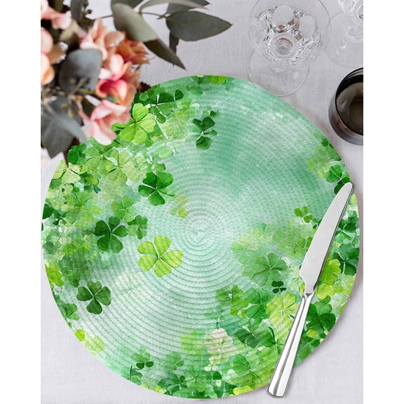 13 Inch Round Placemats Set of 4, St. Patrick's Day Non Slip Heat Insulation PP Table Mats, Spring Botanical Green Leaves Clovers Washable Place Mats for Kitchen Dining Party Table Decor
