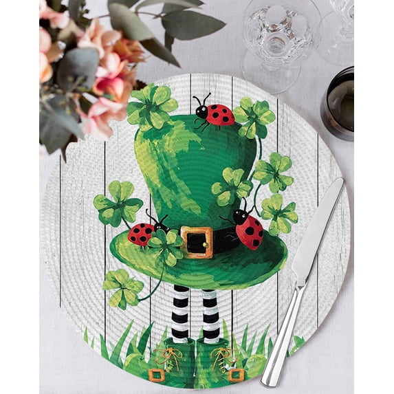 13 Inch Round Placemats Set of 4, St. Patrick's Day Non Slip Heat Insulation PP Table Mats, Spring Shamrock Hat Daisy Ladybirds Wood Gray Washable Place Mats for Kitchen Dining Party Table Decor