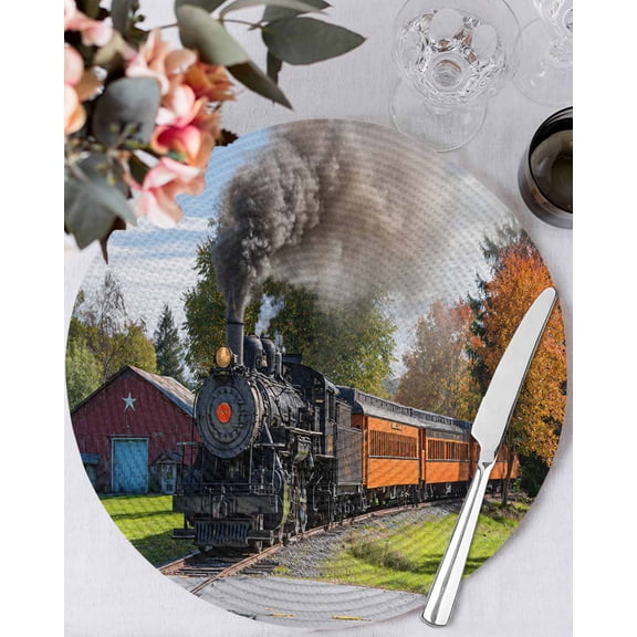 13 Inch Round Placemats Set of 4, Steam Train Non Slip Heat Insulation PP Table Mats, Railroad Country Barn Rustic Trees Farmhouse Washable Place Mats for Kitchen Dining Party Table Decor