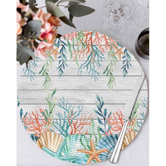 13 Inch Round Placemats Set of 4, Summer Coastal Non Slip Heat Insulation PP Table Mats, Nautical Sea Coral Shell Starfish Wood Gray Washable Place Mats for Kitchen Dining Party Table Decor