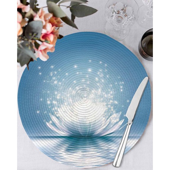 13 Inch Round Placemats Set of 4, Summer Non Slip Heat Insulation PP Table Mats, Modern Blue Lake Sparkle White Flowers Lotus Washable Place Mats for Kitchen Dining Party Table Decor
