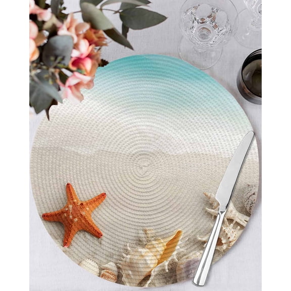13 Inch Round Placemats Set of 4, Summer Oceans Beaches Non Slip Heat Insulation PP Table Mats, Sea Waves Starfish Shells Coastal Washable Place Mats for Kitchen Dining Party Table Decor