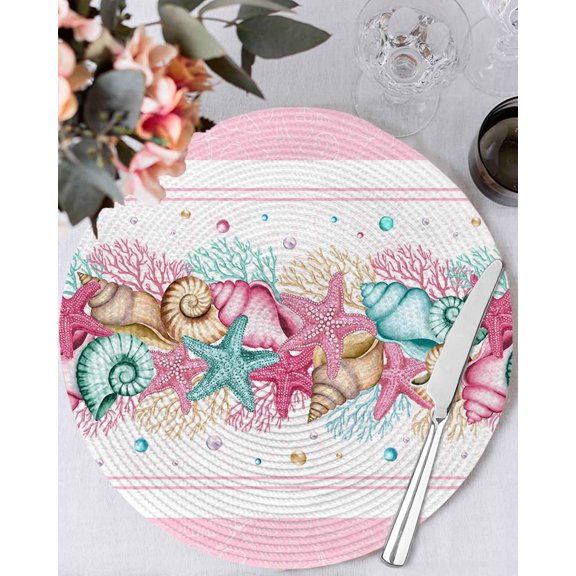 13 Inch Round Placemats Set of 4, Summer Starfish Pink Non Slip Heat Insulation PP Table Mats, Beach Coral Conch Coastal Washable Place Mats for Kitchen Dining Party Table Decor