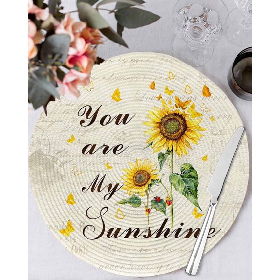 13 Inch Round Placemats Set of 4, Sunflower Non Slip Heat Insulation PP Table Mats, Vintage Botanical Washable Place Mats for Kitchen Dining Party Table Decor