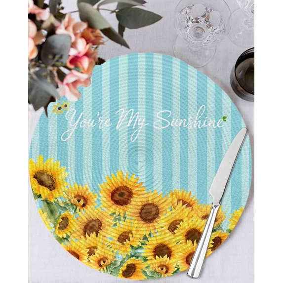 13 Inch Round Placemats Set of 4, Sunflower Non Slip Heat Insulation PP Table Mats, Yellow Summer Botanical Blue Striped Farmhouse Washable Place Mats for Kitchen Dining Party Table Decor