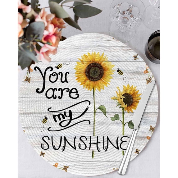 13 Inch Round Placemats Set of 4, Sunflowers Non Slip Heat Insulation PP Table Mats, Farmhosue You Are My Sunshine Wooden Grain Washable Place Mats for Kitchen Dining Party Table Decor