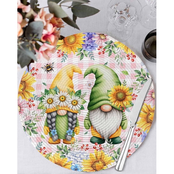 13 Inch Round Placemats Set of 4, Sunflowers Non Slip Heat Insulation PP Table Mats, Spring Gnomes Hydrangea Daisy Flowers Pink Plaid Washable Place Mats for Kitchen Dining Party Table Decor