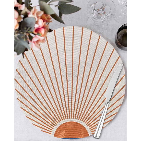 13 Inch Round Placemats Set of 4, Sunlight Lines Non Slip Heat Insulation PP Table Mats, Orange Sunset Abstract Striped Art Washable Place Mats for Kitchen Dining Party Table Decor