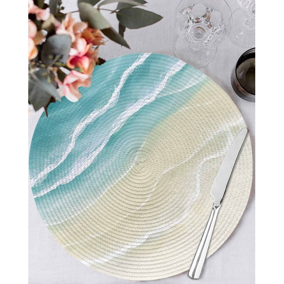 13 Inch Round Placemats Set of 4, Teal Beach Coastal Non Slip Heat Insulation PP Table Mats, Summer Ocean Nautical Seaside Washable Place Mats for Kitchen Dining Party Table Decor