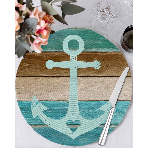 13 Inch Round Placemats Set of 4, Teal Blue Brown Anchor Non Slip Heat Insulation PP Table Mats, Vintage Nautical Coastal Ocean Wooden Washable Place Mats for Kitchen Dining Party Table Decor