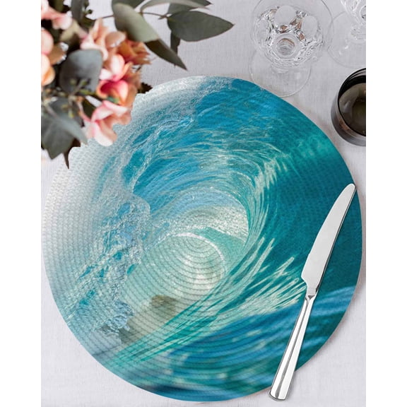 13 Inch Round Placemats Set of 4, Teal Blue Coastal Wave Non Slip Heat Insulation PP Table Mats, Modern Summer Ocean Beach Sea Washable Place Mats for Kitchen Dining Party Table Decor