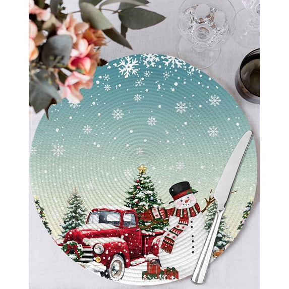13 Inch Round Placemats Set of 4, Teal Christmas Snowman Non Slip Heat Insulation PP Table Mats, Xmas Truck Tree Snowflake Washable Place Mats for Kitchen Dining Party Table Decor