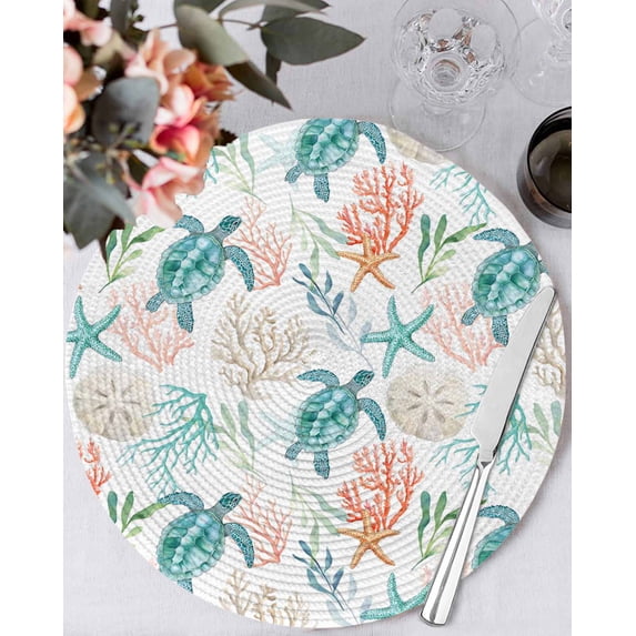 13 Inch Round Placemats Set of 4, Teal Red Coastal Non Slip Heat Insulation PP Table Mats, Beach Nautical Sea Turtle Coral Starfish Washable Place Mats for Kitchen Dining Party Table Decor