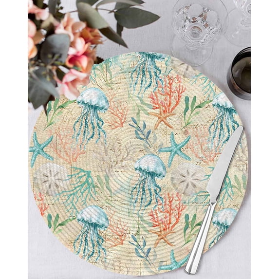 13 Inch Round Placemats Set of 4, Teal Red Coastal Non Slip Heat Insulation PP Table Mats, Jellyfish Nautical Beach Coral Starfish Washable Place Mats for Kitchen Dining Party Table Decor