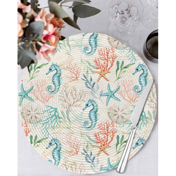 13 Inch Round Placemats Set of 4, Teal Red Coastal Non Slip Heat Insulation PP Table Mats, Nautical Seahorse Beach Coral Starfish Retro Washable Place Mats for Kitchen Dining Party Table Decor