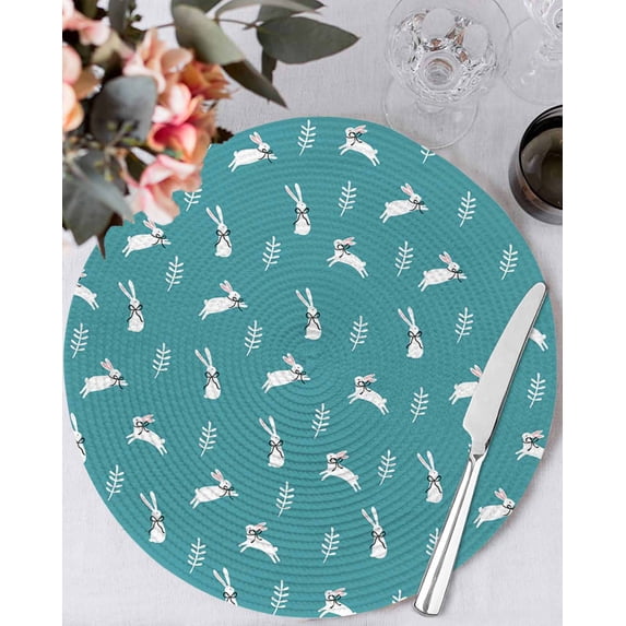 13 Inch Round Placemats Set of 4, Teal Spring Easter Non Slip Heat Insulation PP Table Mats, Cute Bunny Botanical Washable Place Mats for Kitchen Dining Party Table Decor