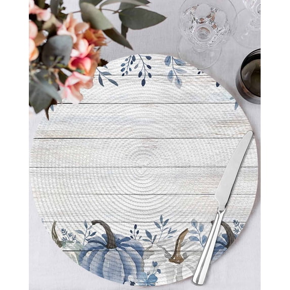 13 Inch Round Placemats Set of 4, Thanksgiving Fall Non Slip Heat Insulation PP Table Mats, Blue White Pumpkin Leaves Wooden Grain Washable Place Mats for Kitchen Dining Party Table Decor