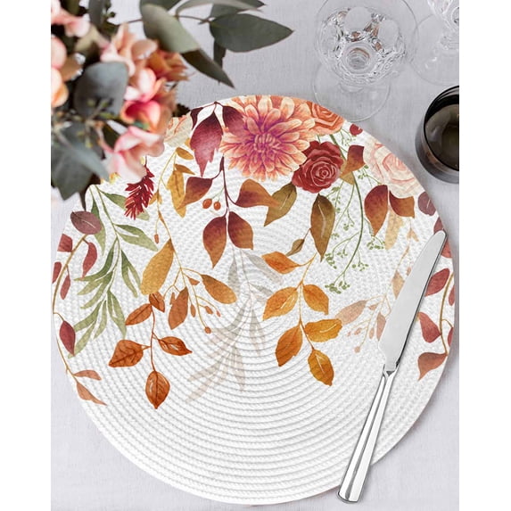 13 Inch Round Placemats Set of 4, Thanksgiving Flowers Non Slip Heat Insulation PP Table Mats, Farmhouse Autumn Floral Leaves Washable Place Mats for Kitchen Dining Party Table Decor