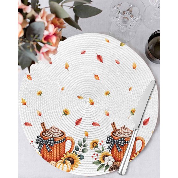 13 Inch Round Placemats Set of 4, Thanksgiving Non Slip Heat Insulation PP Table Mats, Fall Sunflower Ice Cream Pumpkin Leaves Washable Place Mats for Kitchen Dining Party Table Decor