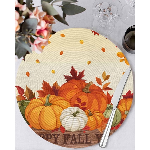 13 Inch Round Placemats Set of 4, Thanksgiving Orange Pumpkins Non Slip Heat Insulation PP Table Mats, Fall Leaves Autumn Rustic Washable Place Mats for Kitchen Dining Party Table Decor