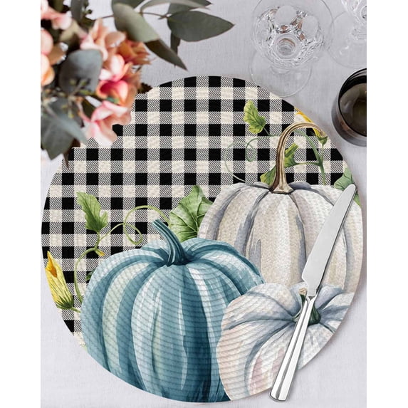 13 Inch Round Placemats Set of 4, Thanksgiving Pumpkin Non Slip Heat Insulation PP Table Mats, Blue White Fall Leaves Black Plaid Washable Place Mats for Kitchen Dining Party Table Decor