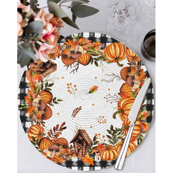 13 Inch Round Placemats Set of 4, Thanksgiving Pumpkin Non Slip Heat ...
