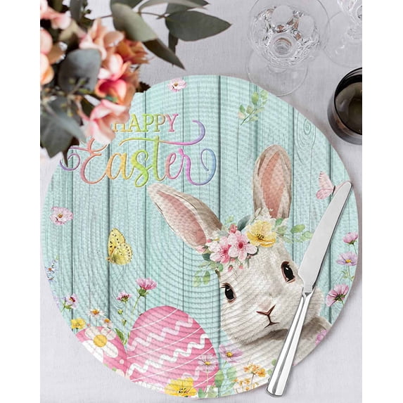 13 Inch Round Placemats Set of 4, Turquoise Easter Non Slip Heat Insulation PP Table Mats, Spring Easter Bunny Eggs Floral Wooden Washable Place Mats for Kitchen Dining Party Table Decor