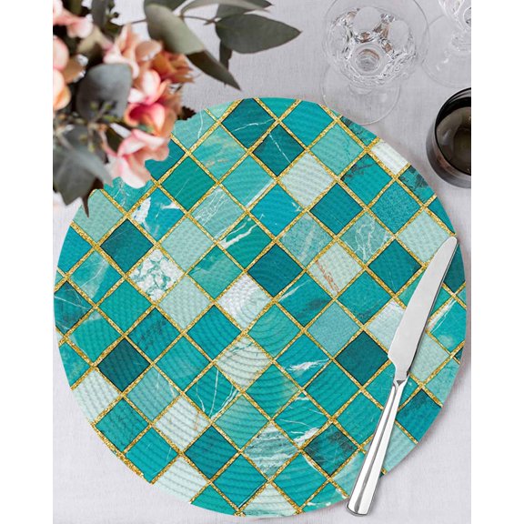 13 Inch Round Placemats Set of 4, Turquoise Ombre Non Slip Heat Insulation PP Table Mats, Modern Abstract Art Geometric Rhombus Washable Place Mats for Kitchen Dining Party Table Decor