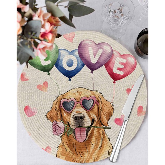 13 Inch Round Placemats Set of 4, Valentine's Day Non Slip Heat Insulation PP Table Mats, Cute Dog Love Balloon Rose Rustic Beige Washable Place Mats for Kitchen Dining Party Table Decor