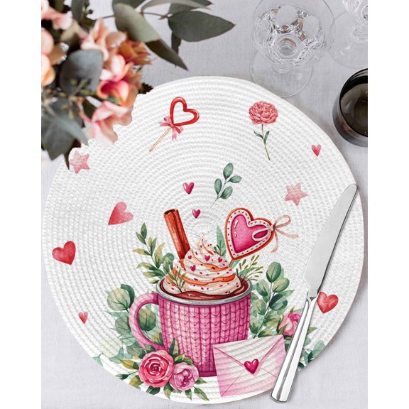 13 Inch Round Placemats Set of 4, Valentine's Day Non Slip Heat Insulation PP Table Mats, Ice Cream Love Rose Eucalyptus Leaves Washable Place Mats for Kitchen Dining Party Table Decor