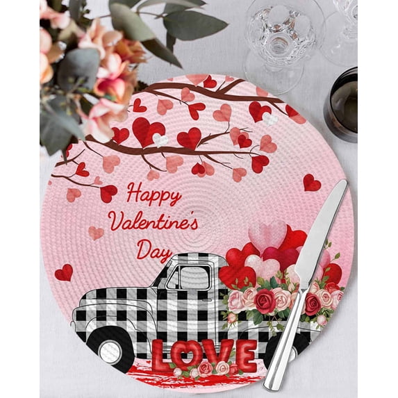 13 Inch Round Placemats Set of 4, Valentine's Day Non Slip Heat Insulation PP Table Mats, Ombre Pink Love Tree Truck Roses Plaid Washable Place Mats for Kitchen Dining Party Table Decor