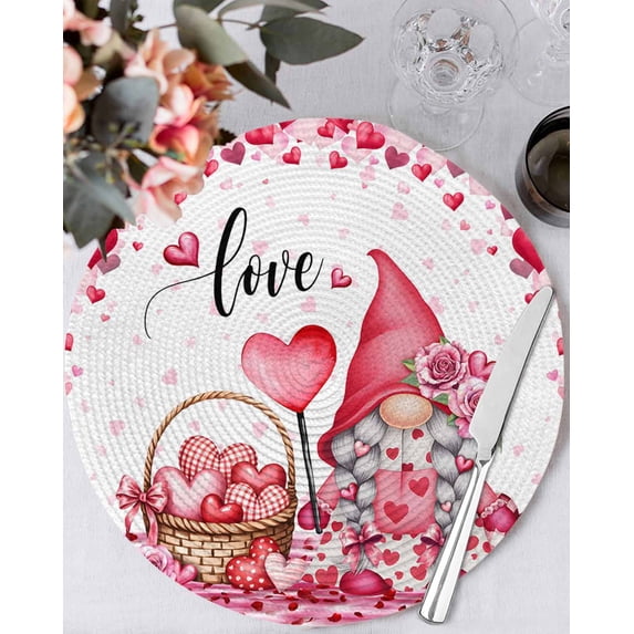 13 Inch Round Placemats Set of 4, Valentine's Day Non Slip Heat Insulation PP Table Mats, Pink Love Gnomes Roses Romantic Washable Place Mats for Kitchen Dining Party Table Decor