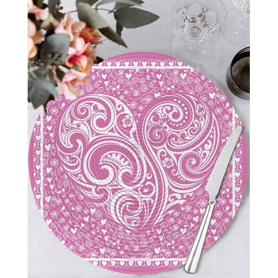 13 Inch Round Placemats Set of 4, Valentine's Day Non Slip Heat Insulation PP Table Mats, Pink Love Rustic Retro Abstract Art Washable Place Mats for Kitchen Dining Party Table Decor