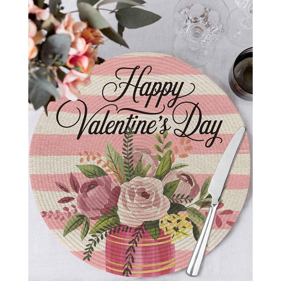 13 Inch Round Placemats Set of 4, Valentine's Day Non Slip Heat Insulation PP Table Mats, Pink Roses Flowers Stripes Rustic Beige Washable Place Mats for Kitchen Dining Party Table Decor