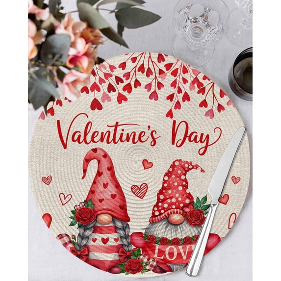 13 Inch Round Placemats Set of 4, Valentine's Day Non Slip Heat Insulation PP Table Mats, Red Gnomes Loves Roses Romantic Beige Washable Place Mats for Kitchen Dining Party Table Decor