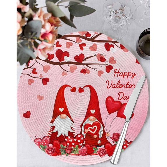 13 Inch Round Placemats Set of 4, Valentine's Day Non Slip Heat Insulation PP Table Mats, Red Love Tree Gnomes Roses Pink Romance Washable Place Mats for Kitchen Dining Party Table Decor