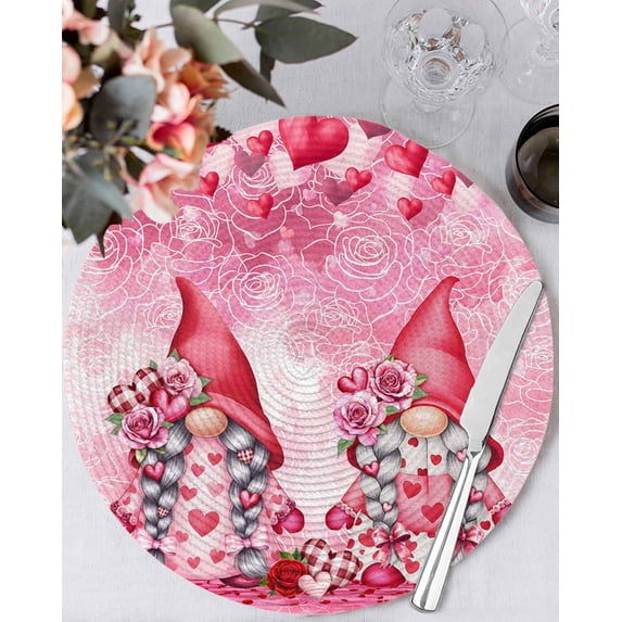 13 Inch Round Placemats Set of 4, Valentine's Day Non Slip Heat Insulation PP Table Mats, Watercolor Gnomes Roses Love Romantic Washable Place Mats for Kitchen Dining Party Table Decor