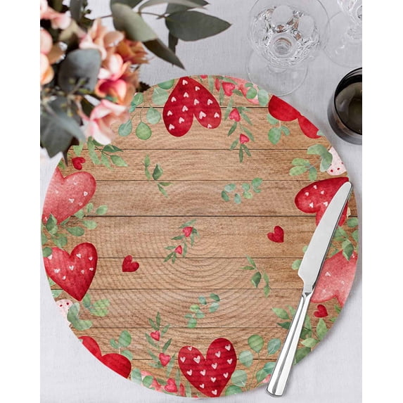 13 Inch Round Placemats Set of 4, Valentines Love Heart Non Slip Heat Insulation PP Table Mats, Eucalyptus Red Love Heart Wooden Washable Place Mats for Kitchen Dining Party Table Decor