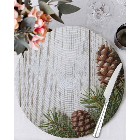 13 Inch Round Placemats Set of 4, Vintage Pine Cones Non Slip Heat Insulation PP Table Mats, Retro Botanical Watercolor Wooden Washable Place Mats for Kitchen Dining Party Table Decor