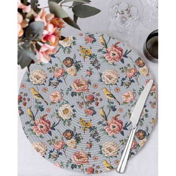 13 Inch Round Placemats Set of 4, Vintage Spring Floral Non Slip Heat Insulation PP Table Mats, Farmhouse Flowers Blue Vintage Washable Place Mats for Kitchen Dining Party Table Decor