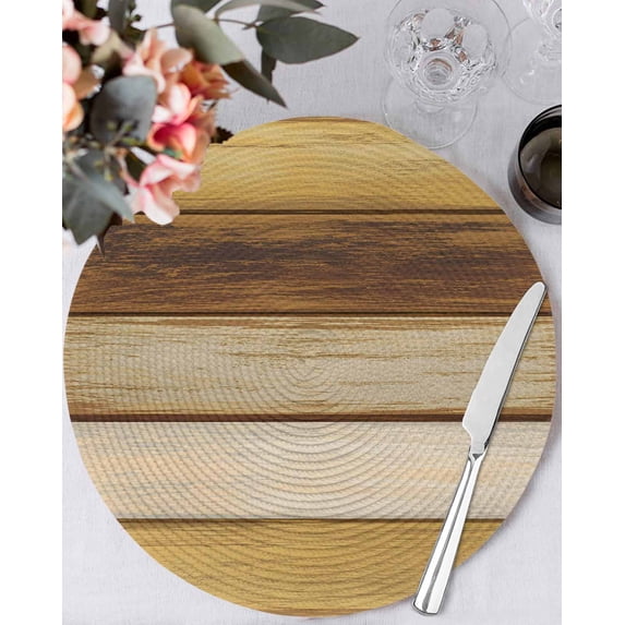 13 Inch Round Placemats Set of 4, Vintage Yellow Wood Non Slip Heat Insulation PP Table Mats, Farmhouse Retro Wooden Plank Washable Place Mats for Kitchen Dining Party Table Decor