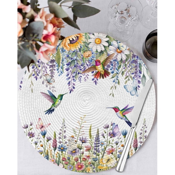13 Inch Round Placemats Set of 4, Watercolor Floral Non Slip Heat Insulation PP Table Mats, Spring Daisy Sunflowers Wisteria Hummingbird Washable Place Mats for Kitchen Dining Party Table Decor